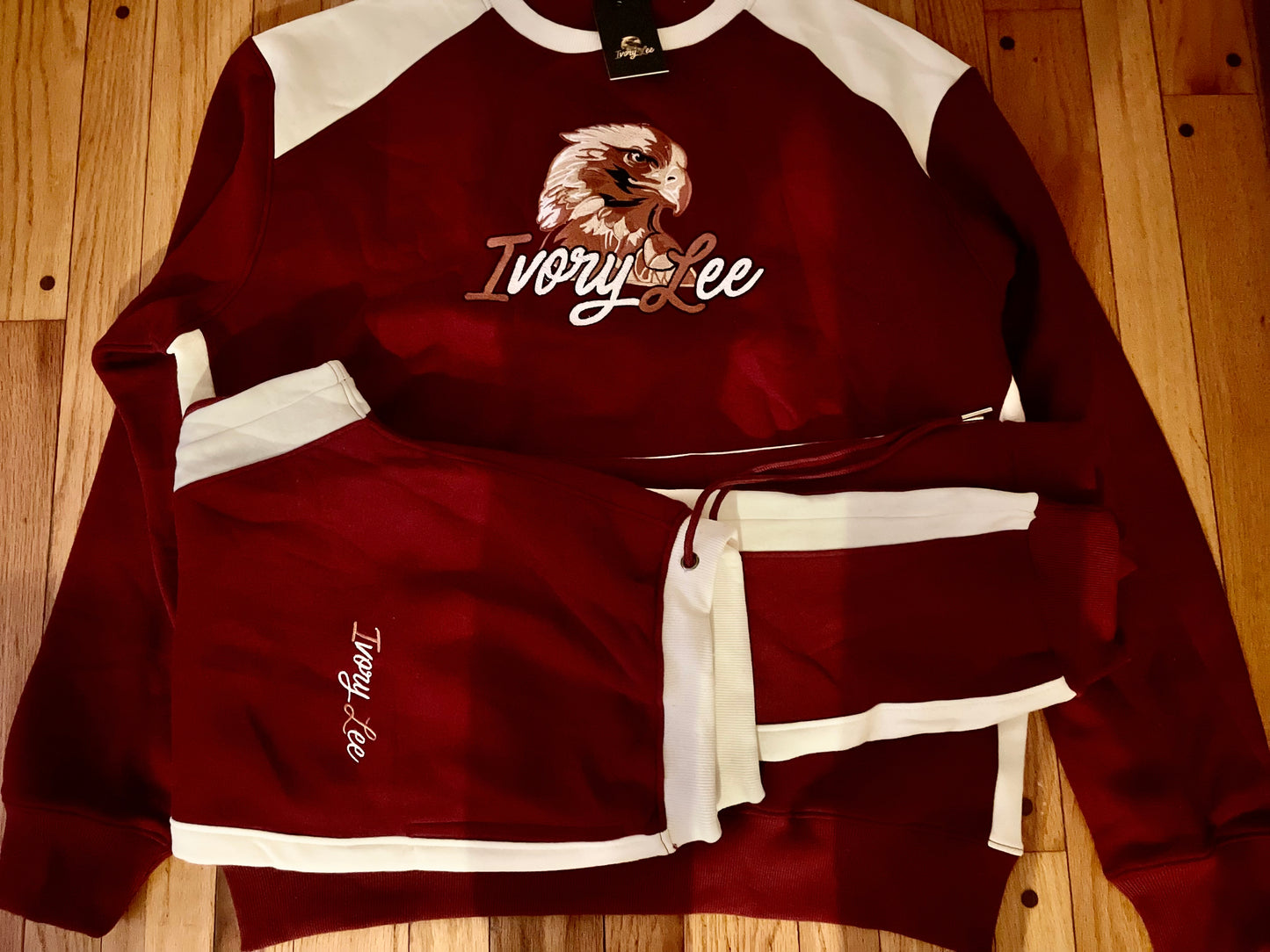 Ivory Lee's burgundy & cream jogging suit